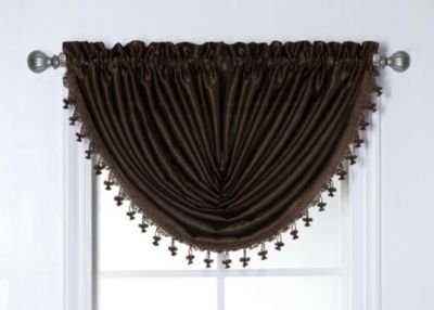 9 Piece Rod Pocket Semi Sheer Brown Window Curtains & Tasseled Valance Set