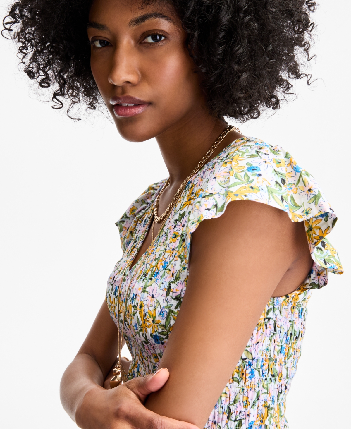 On 34th Women's Printed Smocked Flutter-sleeve Midi Dress, Exclusively At Macy's