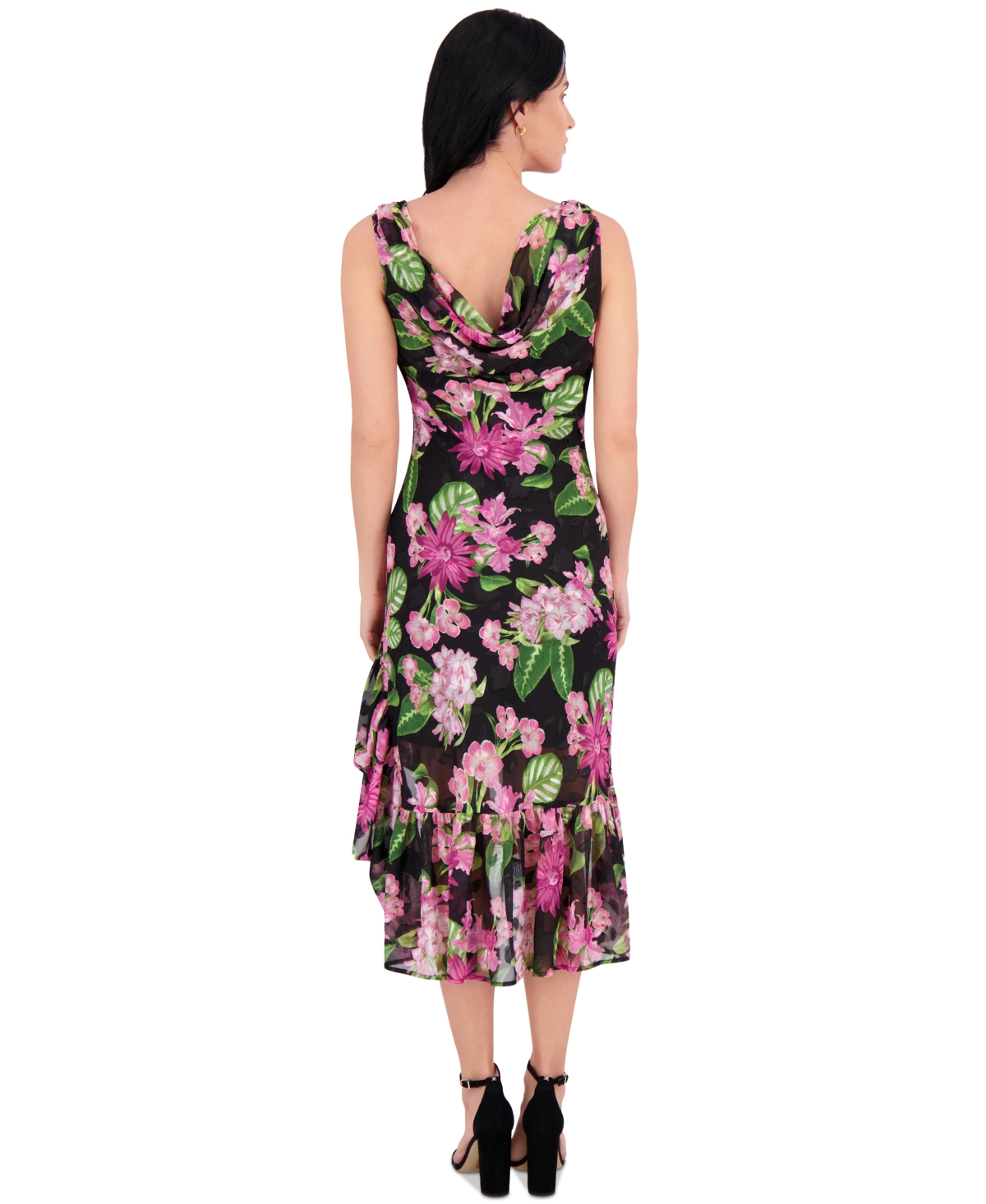 Kensie Women's Floral-print Chiffon Flounce Dress In Black Multi