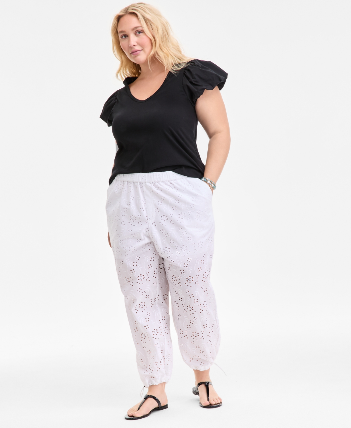 Trendy Plus Size Eyelet Jogger Pants, Exclusively at Macy's - Bright White