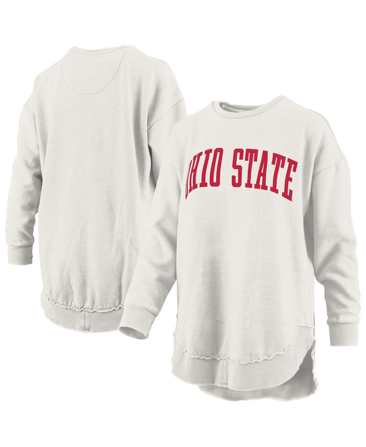 PRESSBOX WOMEN'S OATMEAL OHIO STATE BUCKEYES MELANGE PONCHO VINTAGE FLEECE LONG SLEEVE PULLOVER SWEATSHIRT 