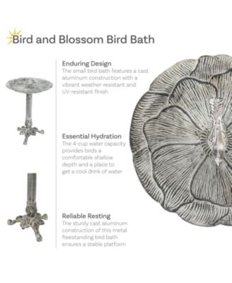 Bird and Blossom Cast Aluminum Metal Bird Bath - Antique Gray - 13"