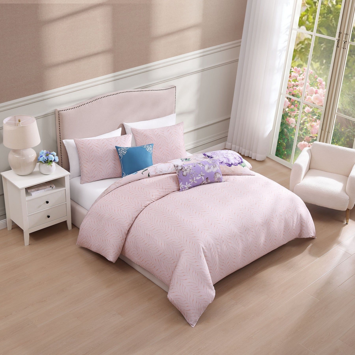 Bebejan Bright Bouquet Bedding 100% Cotton Sateen 5 Piece Queen Size Reversible Comforter Set