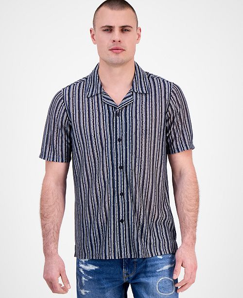 alfani GUESS Men's Wyatt Short Sleeve Striped Button-Front Camp Men's Fashion & Accessories