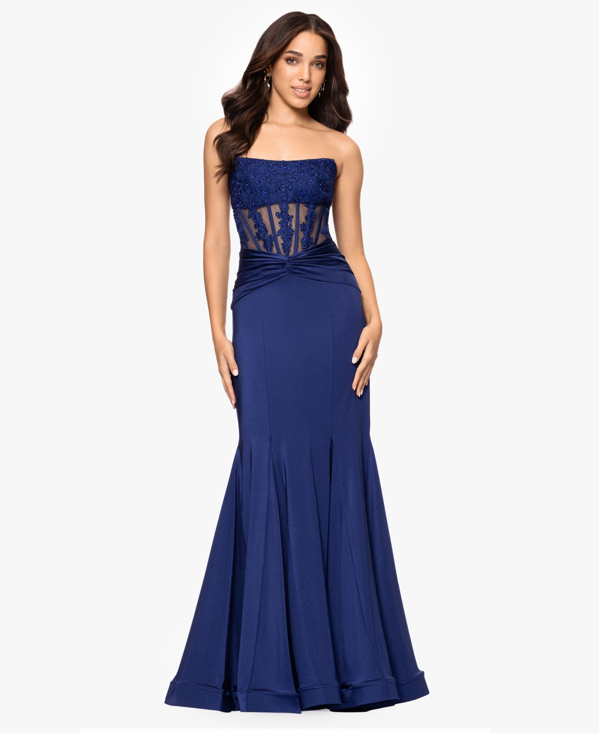 Juniors' Embroidered Corset Trumpet Gown - Navy
