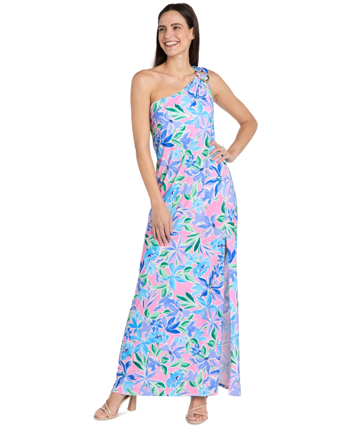 R & M Richards Women's Hardware-trim One-shoulder Maxi Dress In Multi