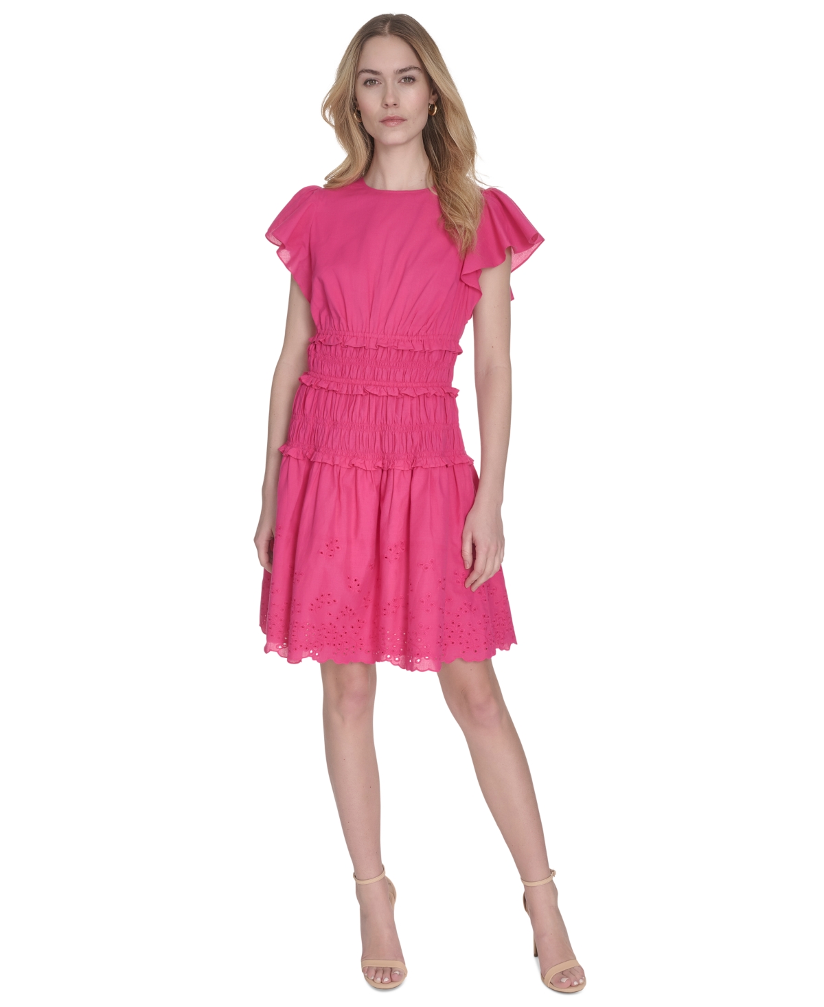 Women's Cotton Smocked Embroidered Flutter-Sleeve Dress - Hot Pink
