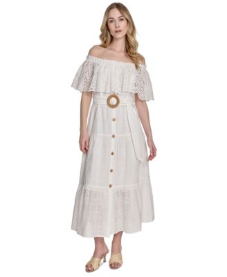 Eliza J - Women's Cotton Off-The-Shoulder Belted Midi Dress