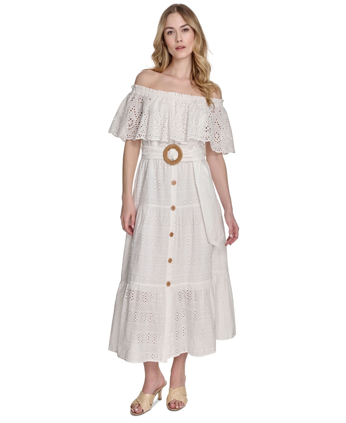 ELIZA J WOMEN'S COTTON OFF-THE-SHOULDER BELTED MIDI DRESS 