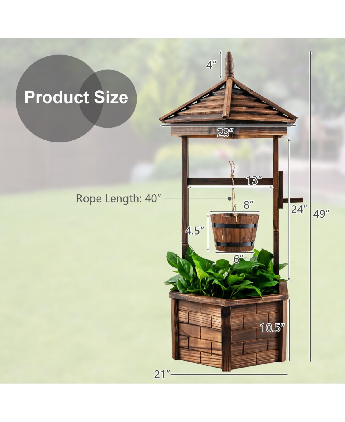 Rustic Wooden Wishing Well with Adjustable Hanging Bucket