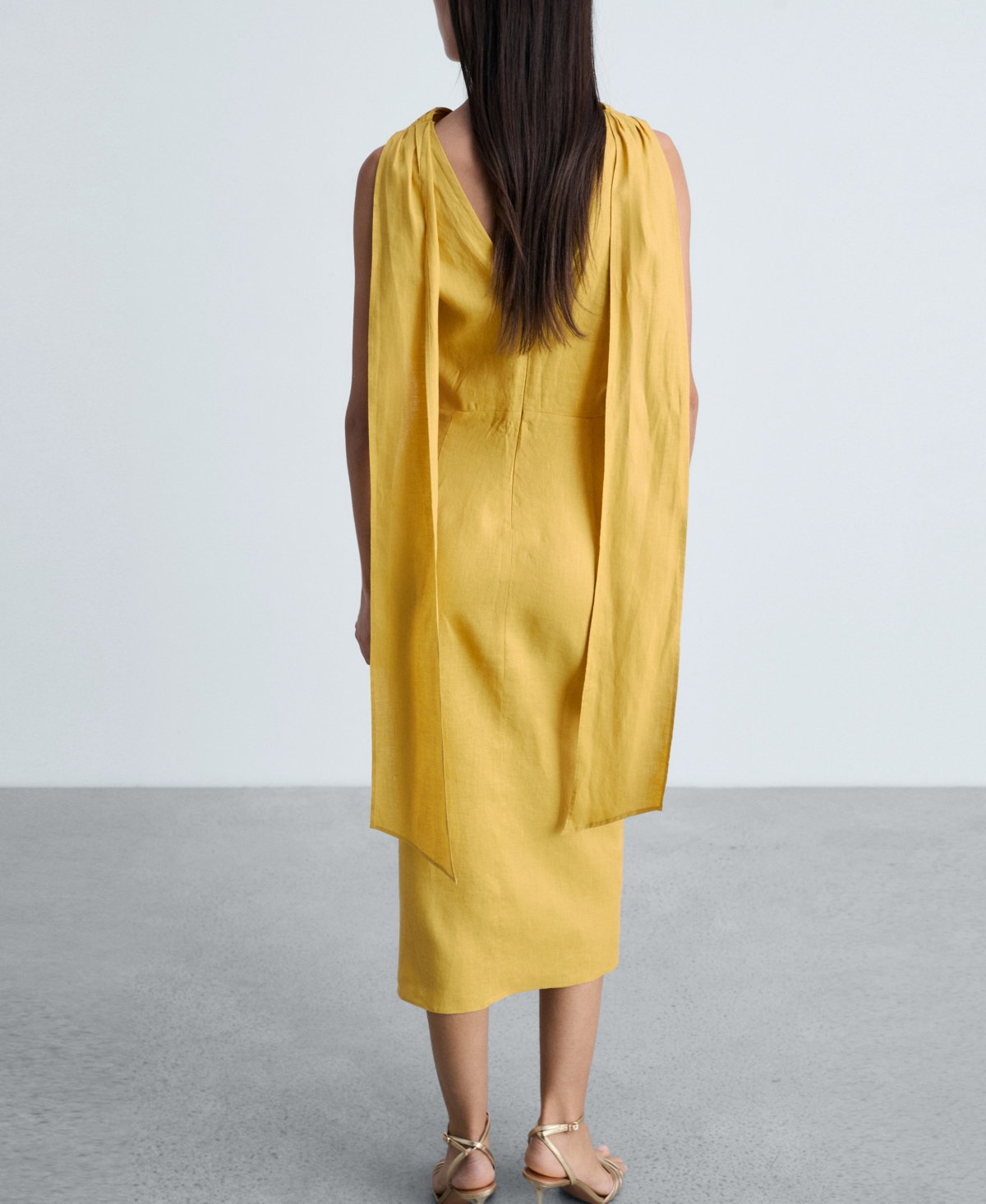 Mango Scarf Detail Sleeveless Linen Midi Dress In Mustard
