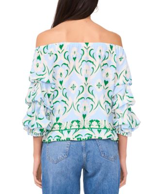 Women's Printed Off-The-Shoulder Bubble 3/4-Sleeve Tie-Front Blouse