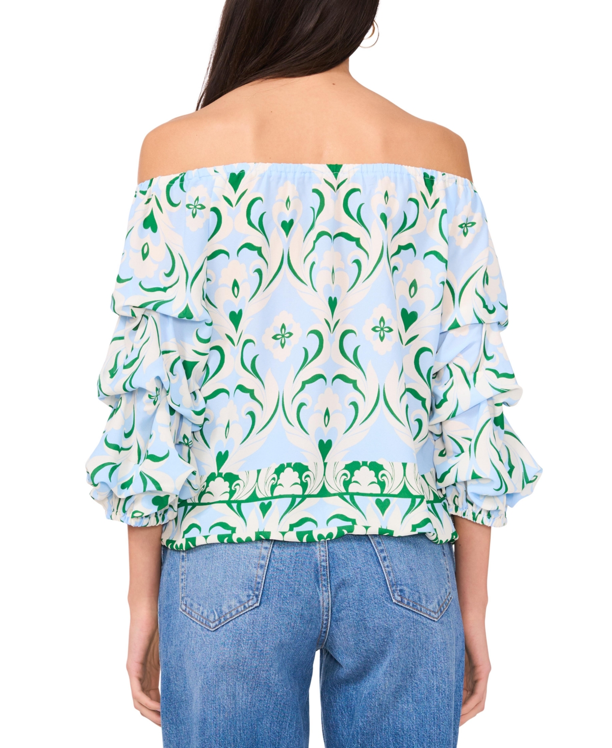 VINCE CAMUTO WOMEN'S PRINTED OFF-THE-SHOULDER BUBBLE 3/4-SLEEVE TIE-FRONT BLOUSE 