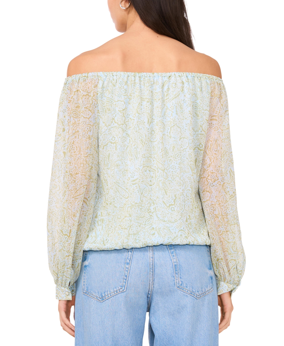 VINCE CAMUTO WOMEN'S PRINTED OFF-THE-SHOULDER LONG-SLEEVE TIE-FRONT BLOUSE 