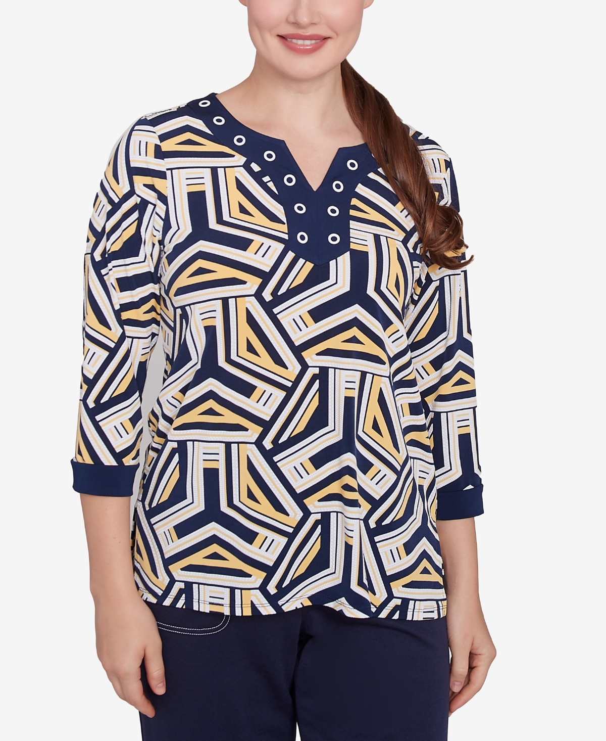 Alfred Dunner Plus Size Block Island Geometric Grommet Trim Top In Navy Multi