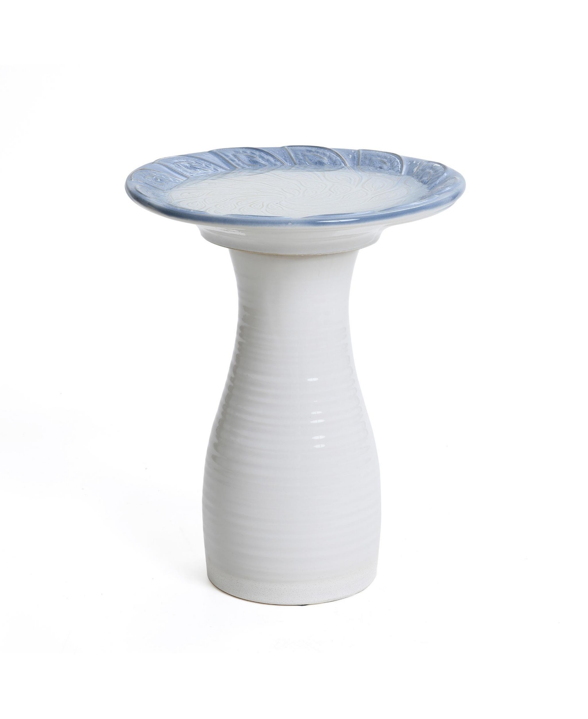 Blue Rim Feather-Pattern White Ribbed 20-Inch Tall Ceramic Birdbath - White, blue