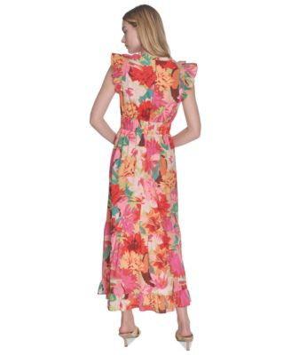Women's Floral-Print Ruffled-Shoulder Dress