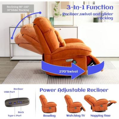 Oversized Swivel Power Recliner Chair, Modern Massage Rocker Recliner Chairs with Heated, USB-C Ports and Side Pocket