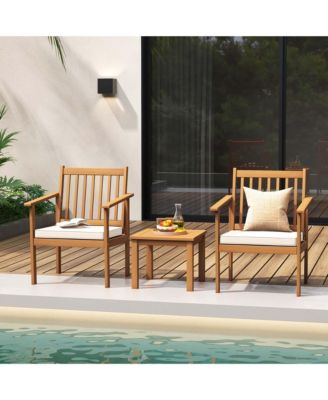 3 PCS Patio Wood Furniture Set Acacia Wood Chairs & Coffee Table with soft Cushions