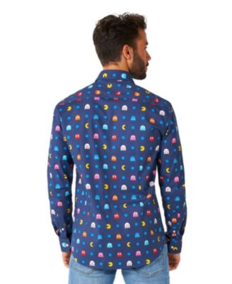 Big & Tall Pixel Official PAC-MAN Shirt - Retro Gaming Outfit - Including 1 Button- Up Shirt - Blue - Long sleeve