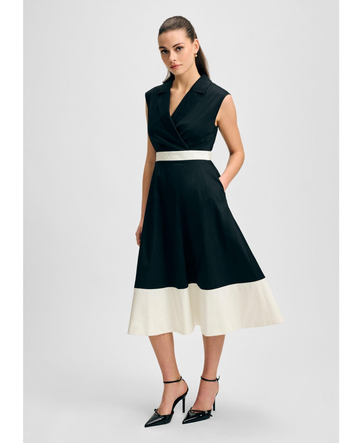 Women's Notched Collar Full Skirt Midi Cotton Dress - Black/white