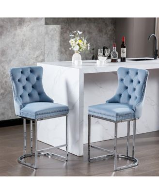 Set of 2 Velvet Counter Height Stools, 25.2" Kitchen Island Chairs with Button Tufted Back, Rivet Trim and Chrome Metal Base
