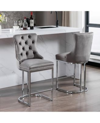 Set of 2 Velvet Counter Height Stools, 25.2" Kitchen Island Chairs with Button Tufted Back, Rivet Trim and Chrome Metal Base