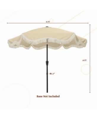 9 Ft Fashionable Boho Vintage Tassels Print Patio Umbrella with Push Button Tilt Pole