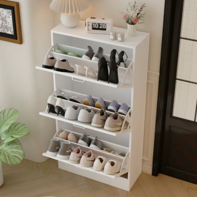Wooden 3-door white shoe cabinet, shutter door drawers, multi-purpose shoe rack with adjustable shelves