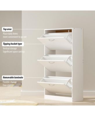 Wooden 3-door white shoe cabinet, shutter door drawers, multi-purpose shoe rack with adjustable shelves