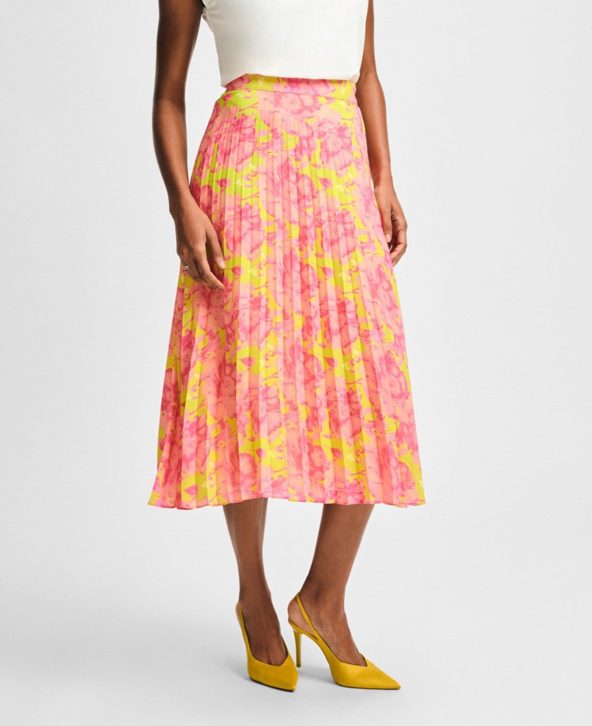 Women's Pleated Midi Skirt - Yellow multi
