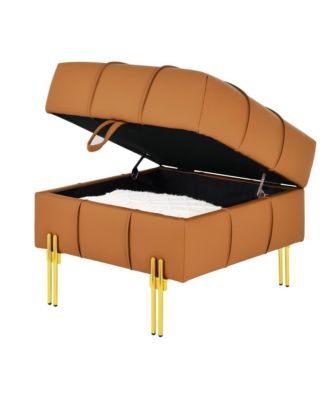 Anti-Scratch PU Leather Storage Ottoman, Upholstered Footstool with Gold Stainless Steel Legs for Bedroom or Living Room