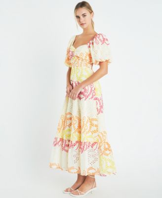 Women's Cotton Eyelet Puff-Sleeve Maxi Dress