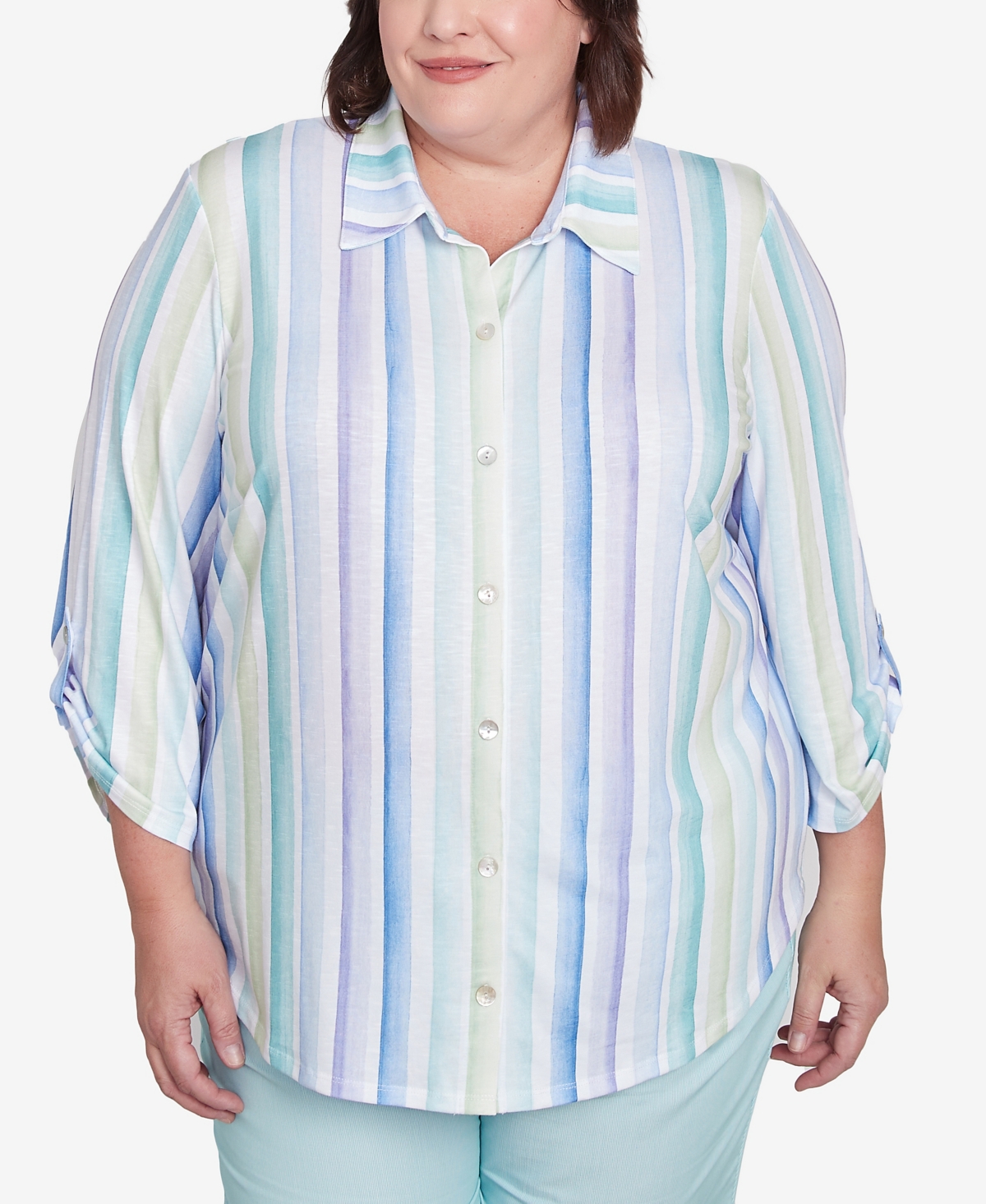 Alfred Dunner Plus Size St. Thomas Island Mint Stripe Knit Button Front Top In Mint Multi