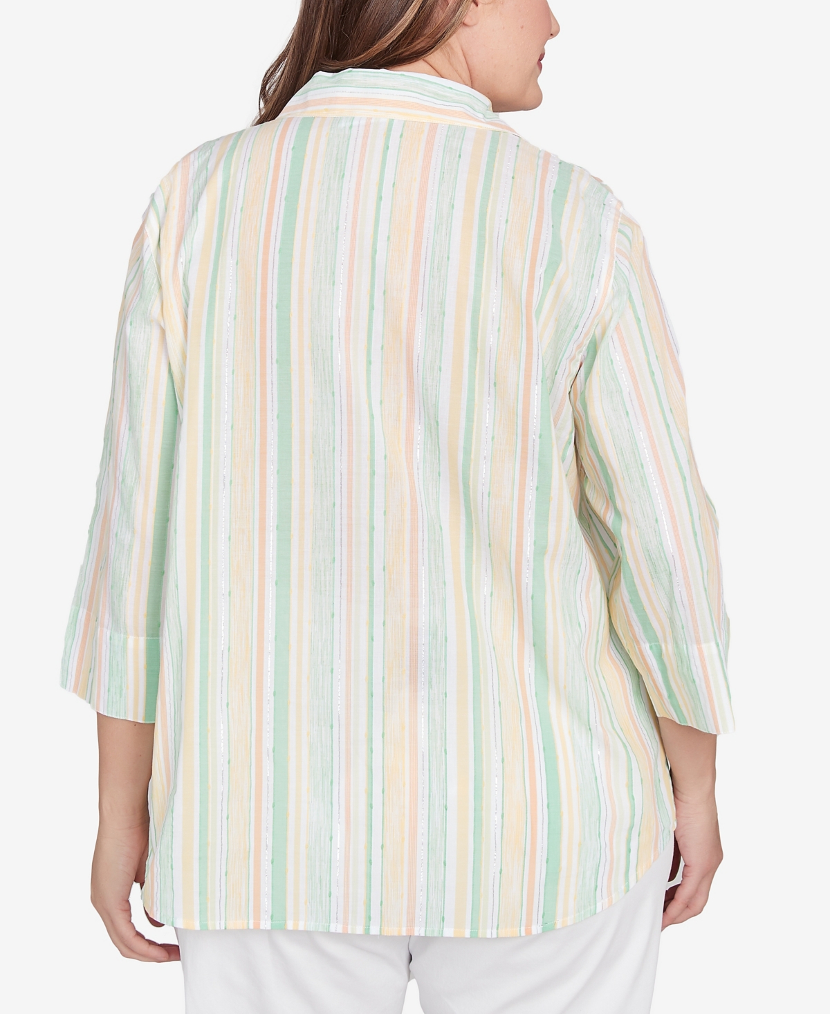 Alfred Dunner Plus Size Rise And Shine Sunny Stripes Button Down Top In Lime Multi