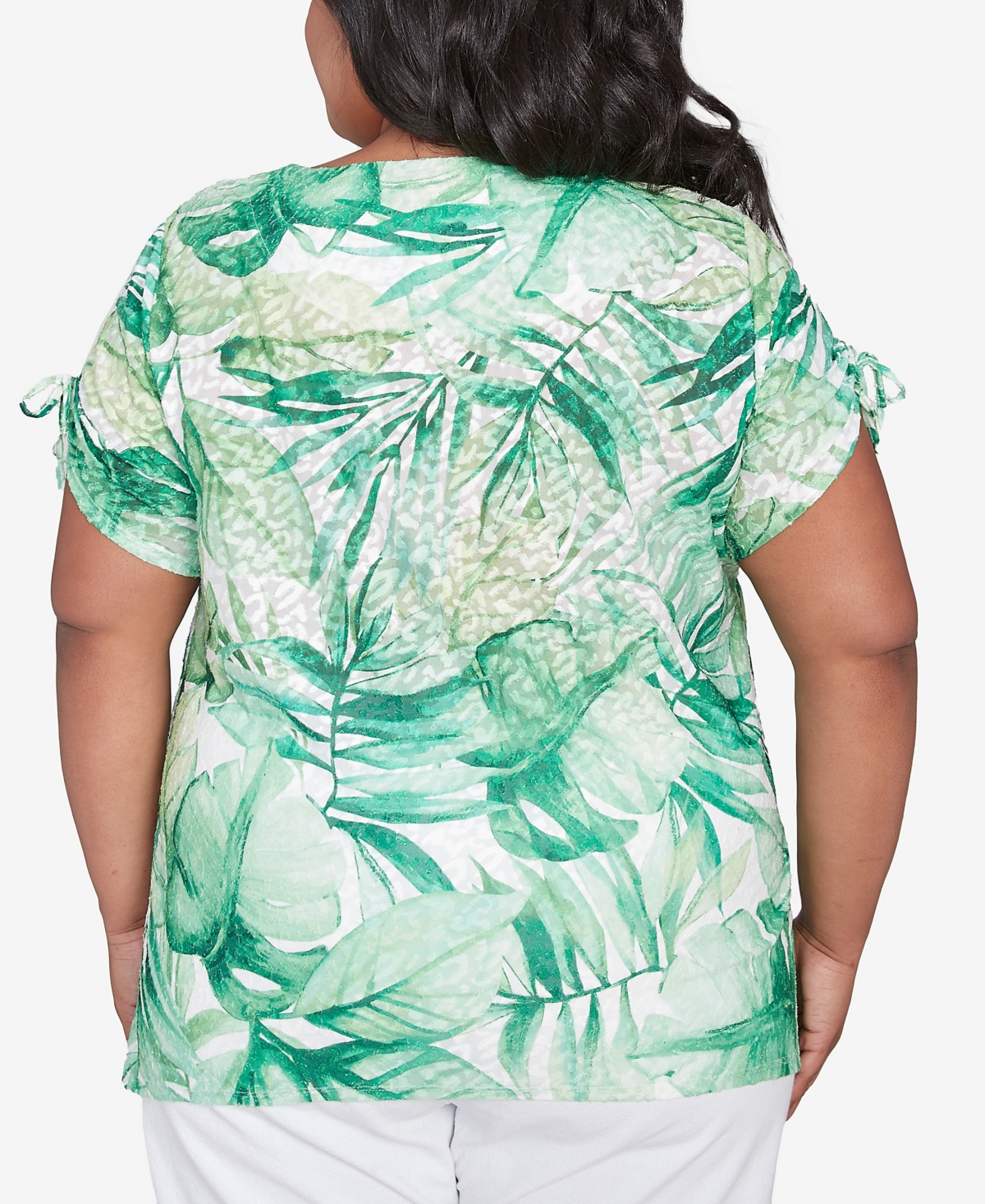 Alfred Dunner Plus Size Rise And Shine Monotone Tropical Leaf Top In Lime