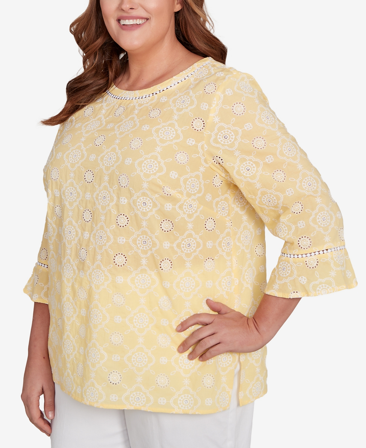Alfred Dunner Plus Size Rise And Shine Embroidered Floral Eyelet Bell Sleeve Top In Lemon