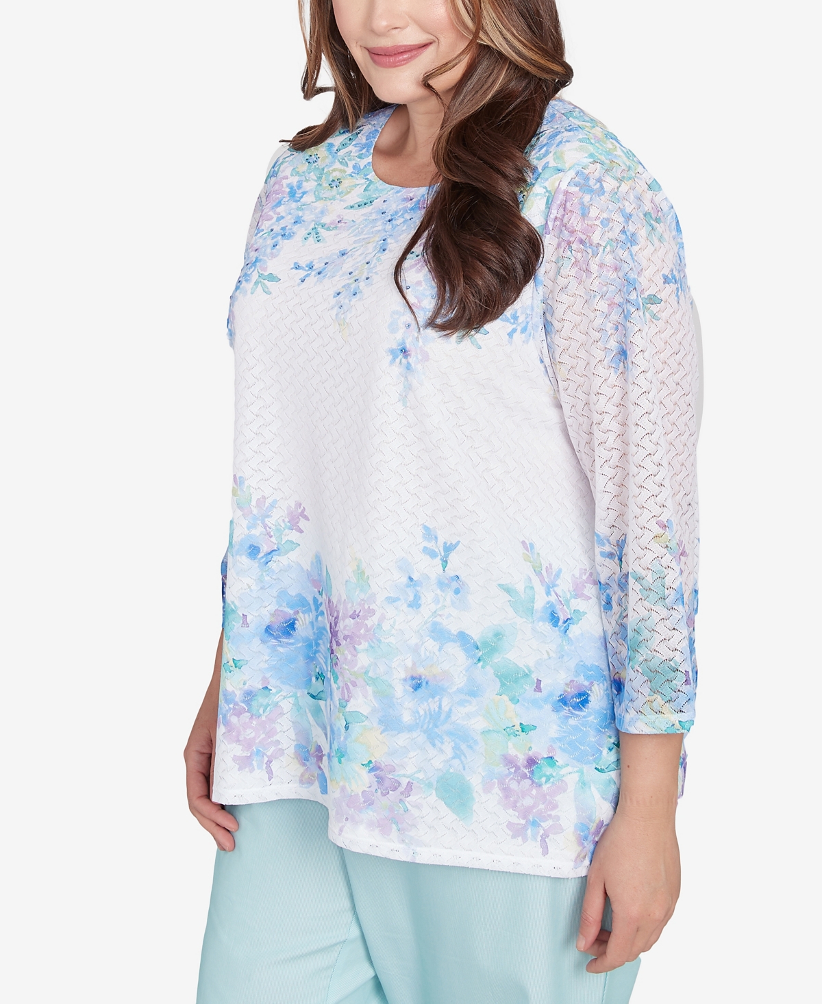 Alfred Dunner Plus Size St. Thomas Textured Sky Blue Floral Border Top In Sky Blue Multi
