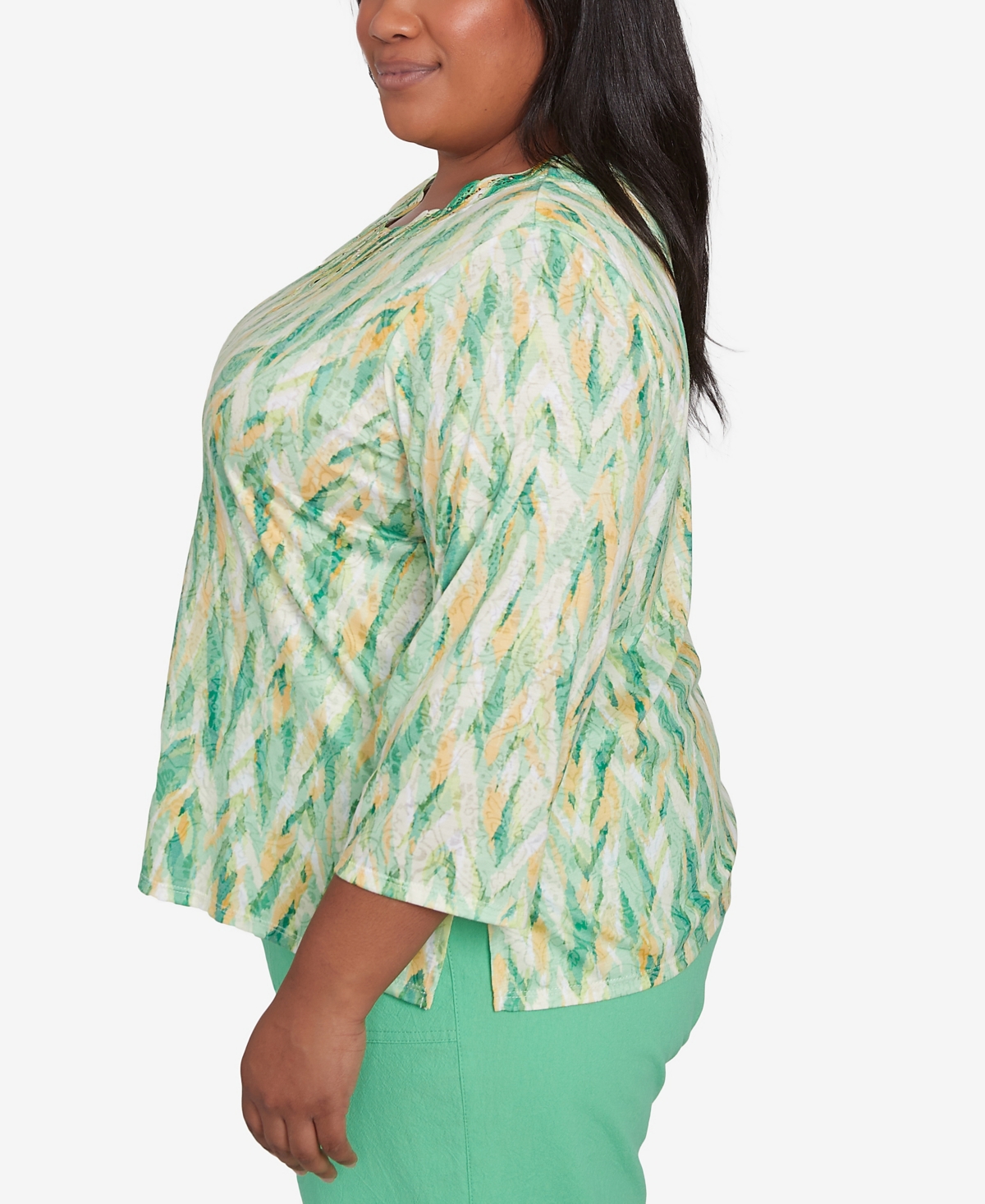 Alfred Dunner Plus Size Rise And Shine Bright Textured Strokes Embellished Top In Lime Multi
