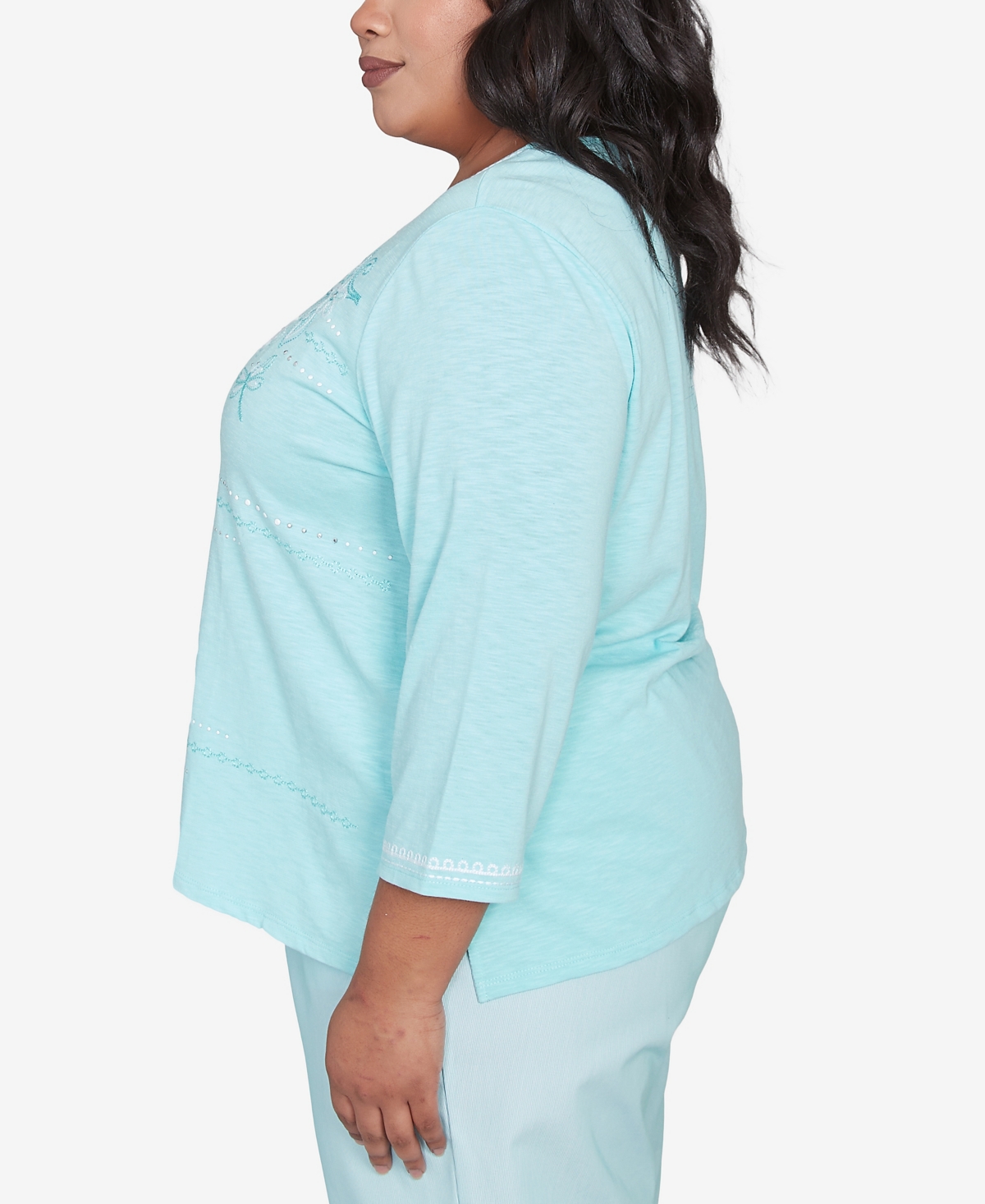 Alfred Dunner Plus Size St. Thomas Asymmetrical Dragonfly Embroidery Top In Mint