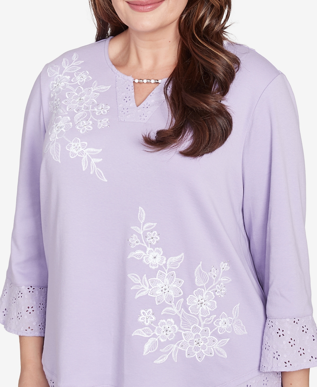 Alfred Dunner Plus Size Crystal Springs Floral Embroidered Eyelet Sleeve Top In Lilac