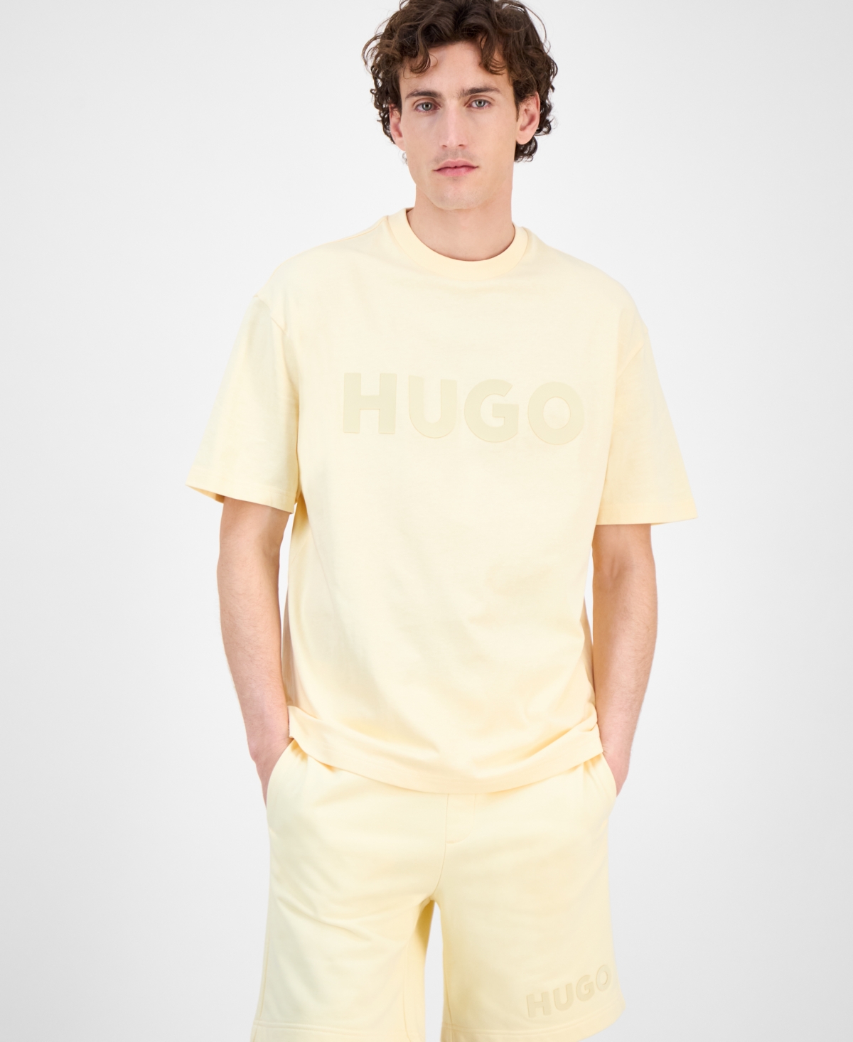 Hugo Boss Mens Dinkee Logo Graphic Cotton T Shirt Dinkoe Cotton Shorts In Yellow