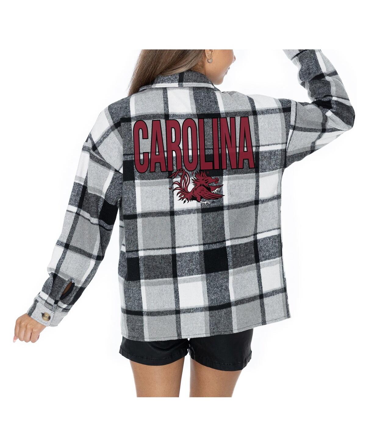 GAMEDAY COUTURE WOMEN'S GREY SOUTH CAROLINA GAMECOCKS LONG SLEEVE BRUSHED PLAID BUTTON-UP OVERSHIRT JACKET 