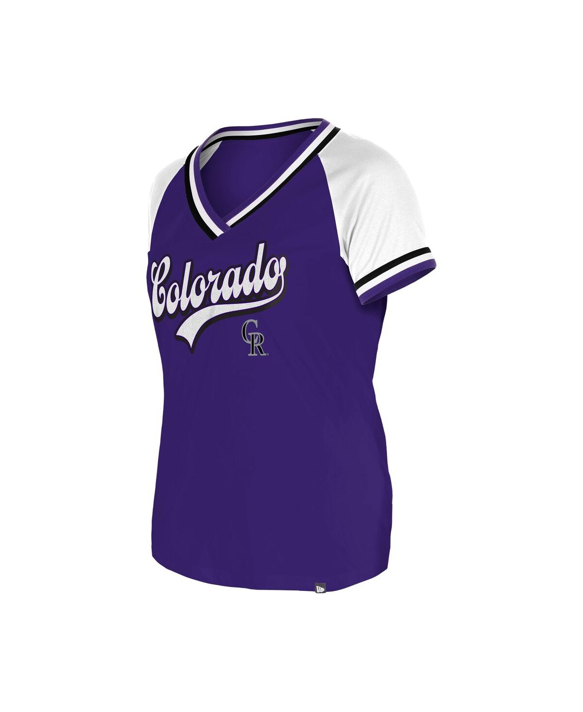 NEW ERA WOMEN'S PURPLE COLORADO ROCKIES GAMEDAY RAGLAN V-NECK T-SHIRT 