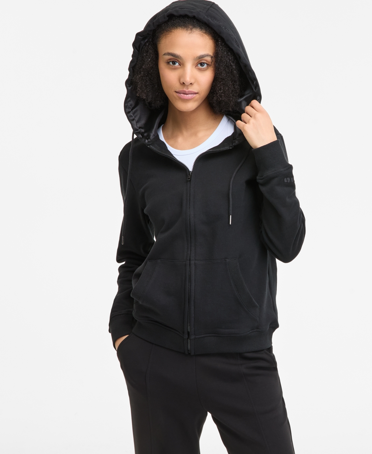 Women's Cotton Zip-Front Satin-Lined Hoodie - Black