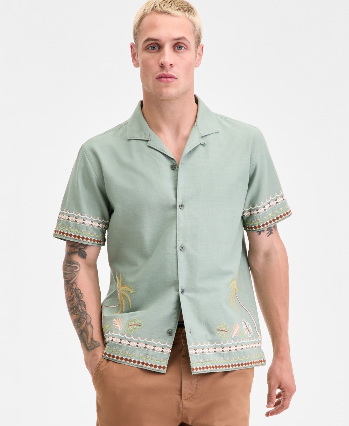 Sun + Stone Men's Embroidered Palm Shirt, Macy's Exclusive In Green
