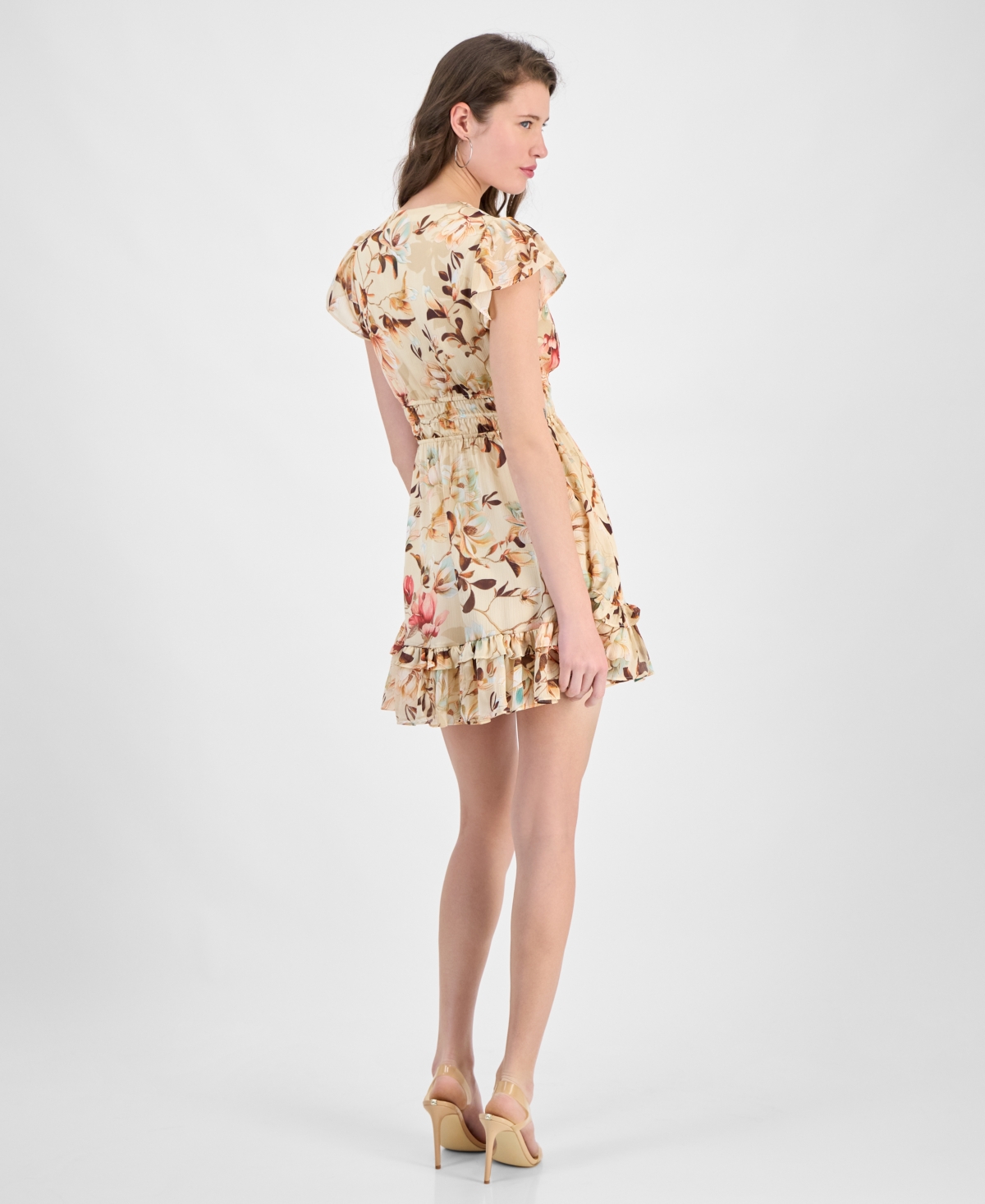 Guess Women's Flutter-sleeve Brigada Ruffle Dress In Brown