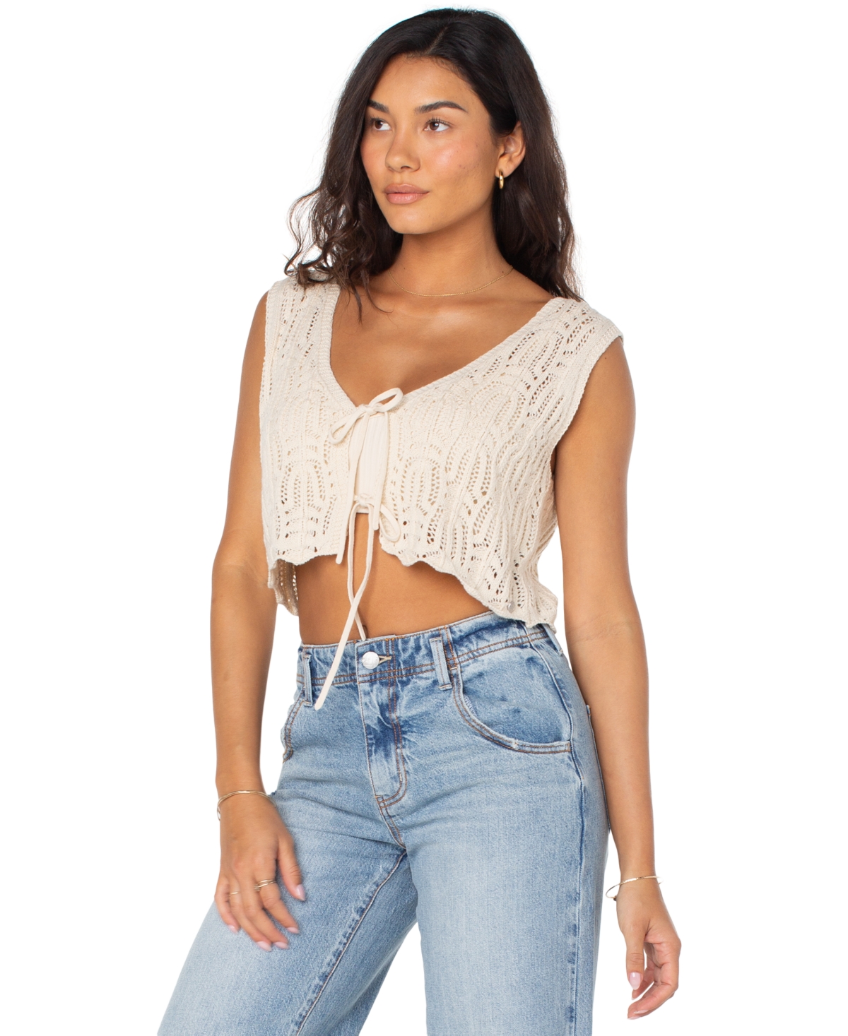 Juniors' Beach Bound Cotton Crochet Tie-Front Vest - Parchment