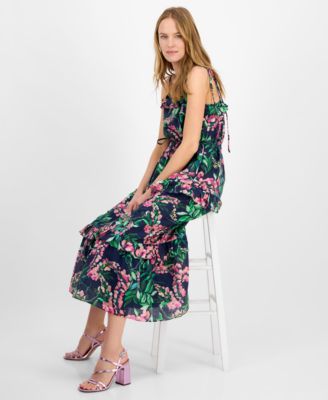 Women's Tie-Shoulder Sleeveless Ruffle-Trim Maxi Dress