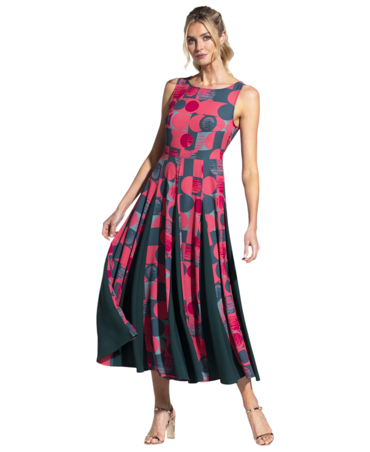 Women's Box Pleat Midi Dress with Contrast Skirt - Coral green circle geo